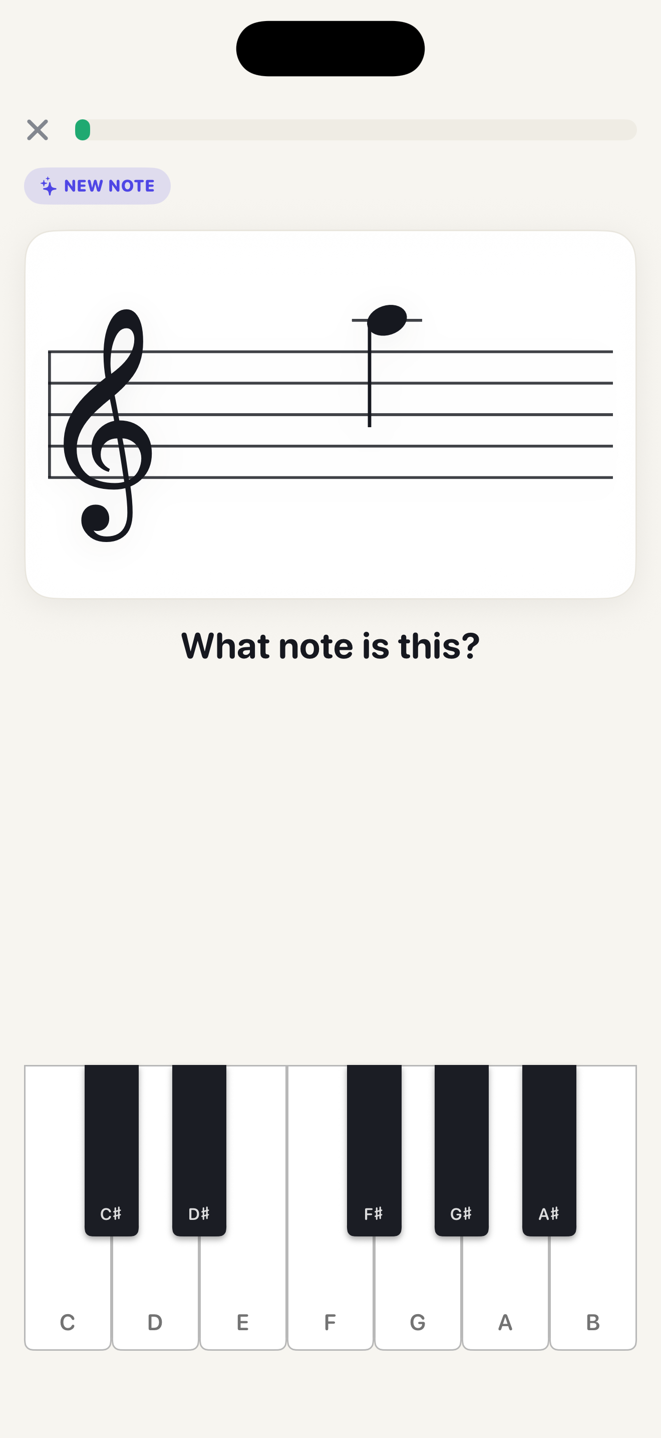 A sight-reading drill showing a note on the treble staff