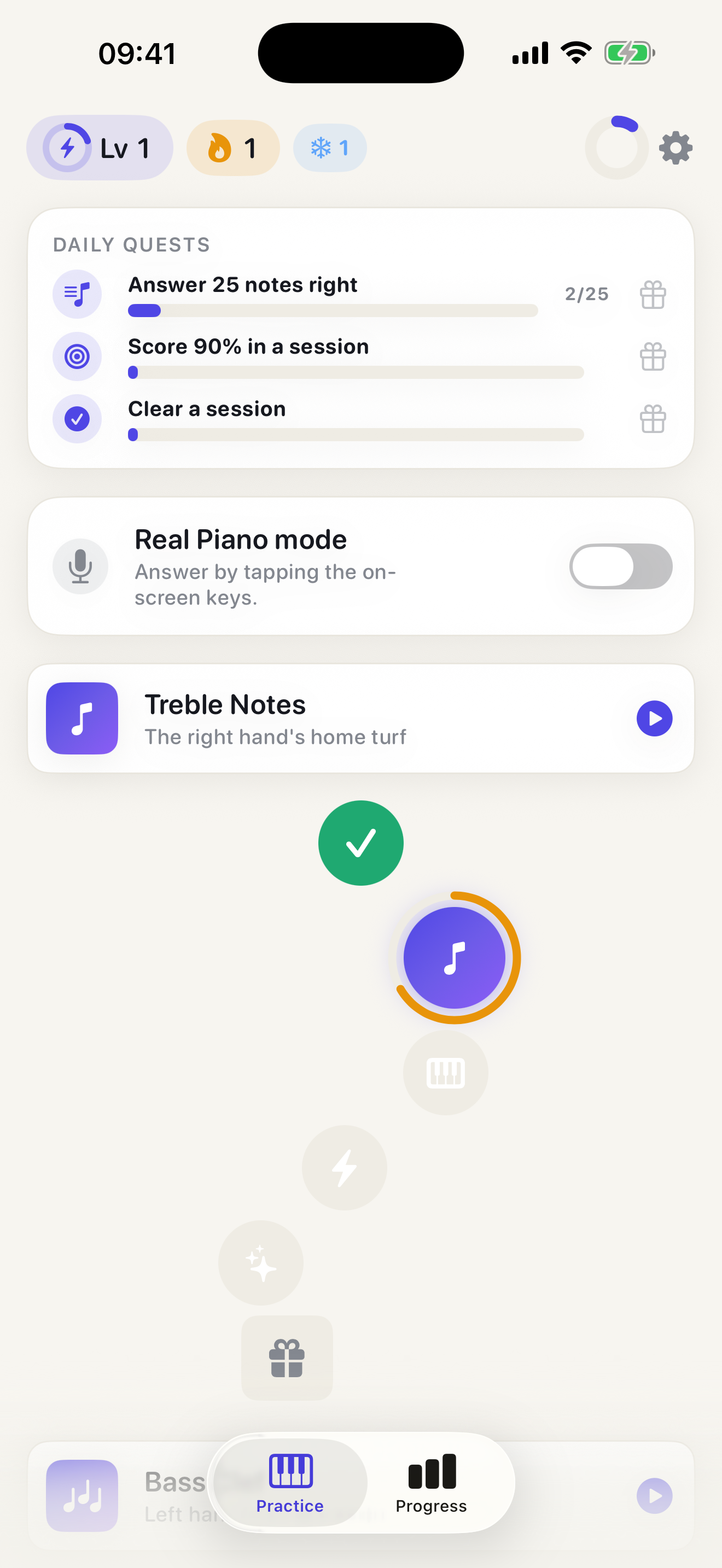 NoteTrail journey home screen showing the winding trail of notes, daily quests, and streak