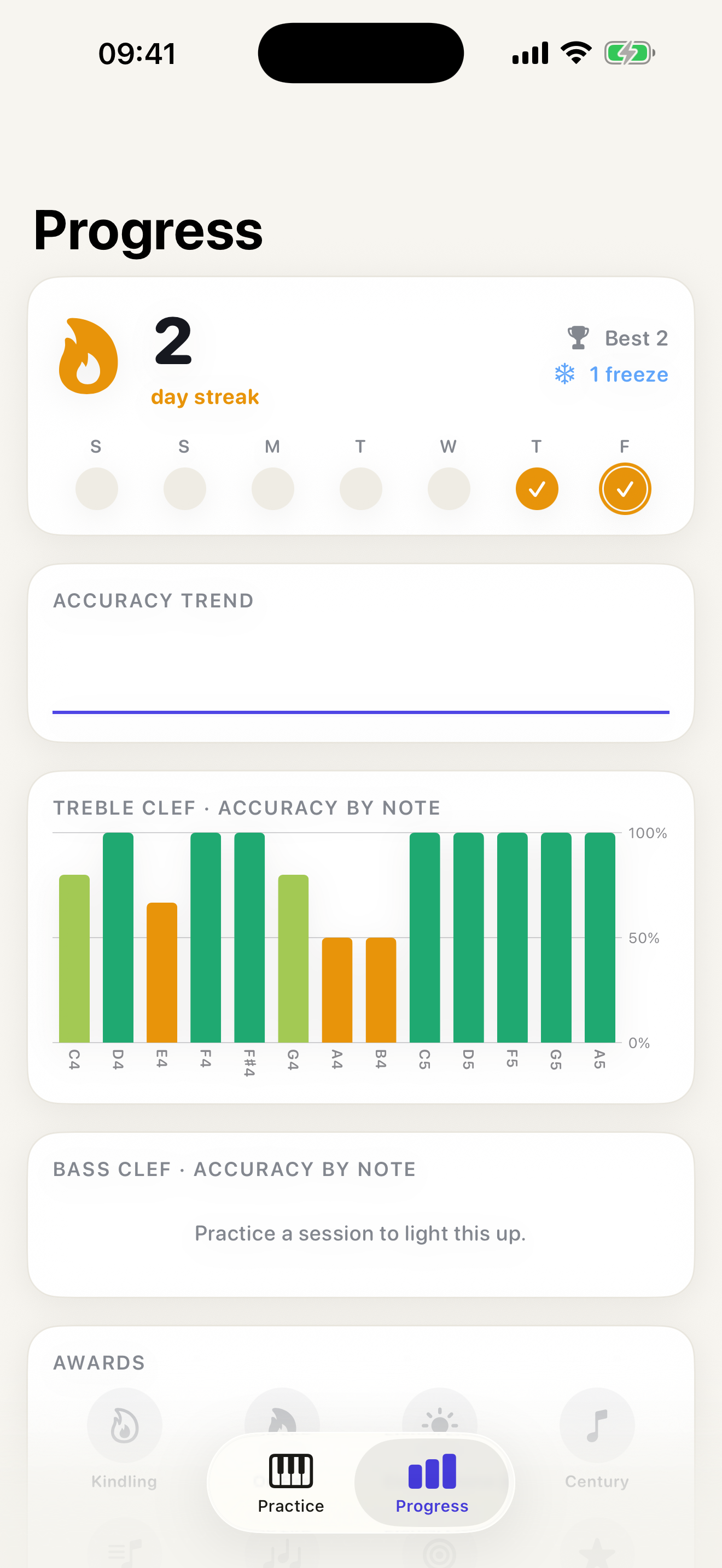 Progress screen with streak and accuracy-by-note heatmap