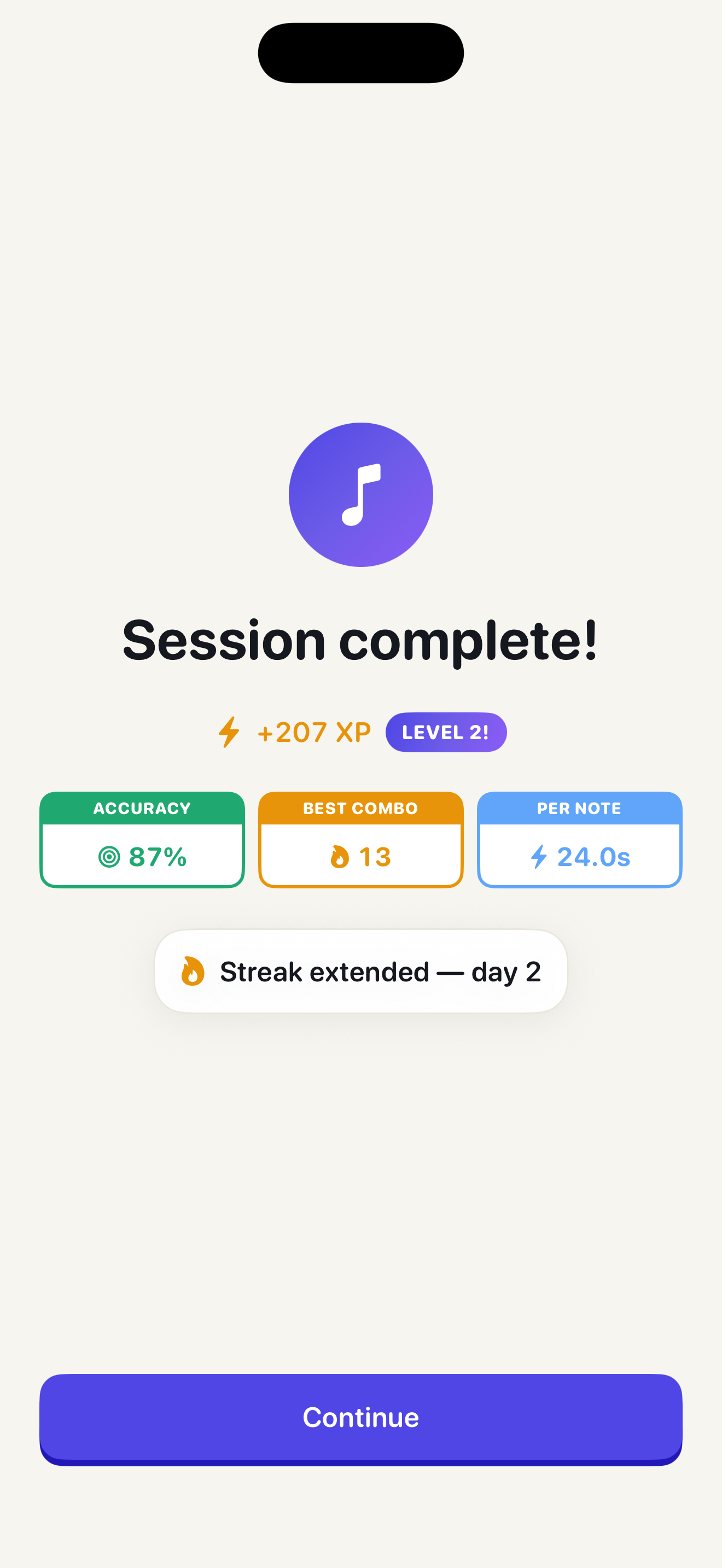 Session complete screen with accuracy, combo and XP